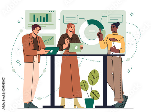 Business meeting concept. Men and woman near charts and diagrams. Financial literacy and market research. Colleagues and partners in office. Flat vector illustration isolated on white background