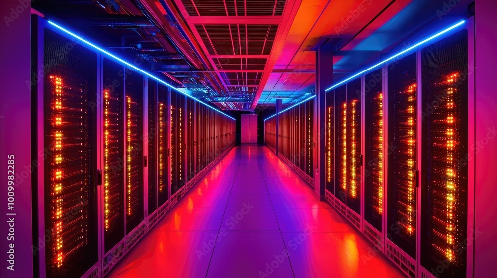 Fototapeta premium Rows of lit server racks in a data center
