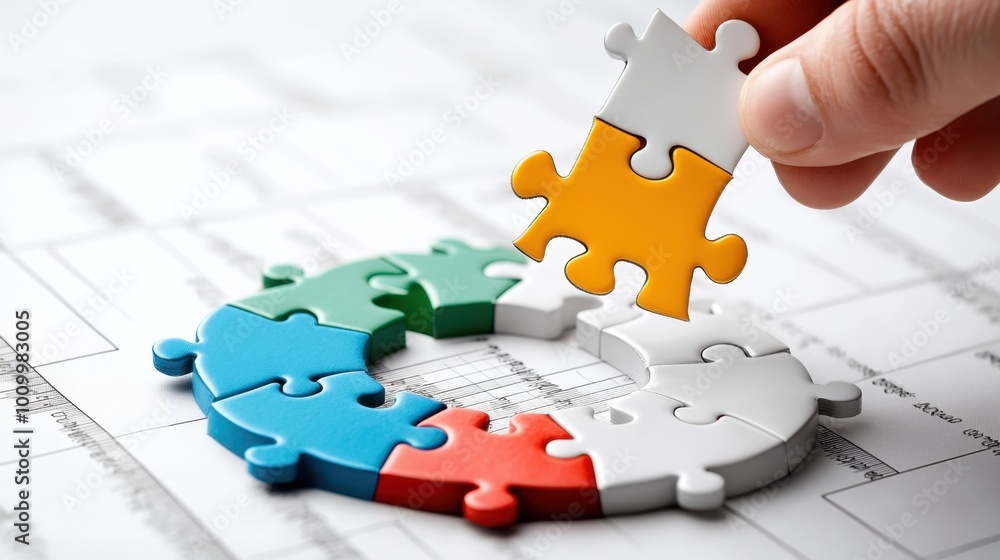 Fototapeta premium Financial Puzzle Solutions - Hand Placing Pieces for Strategic Planning with Charts and Graphs