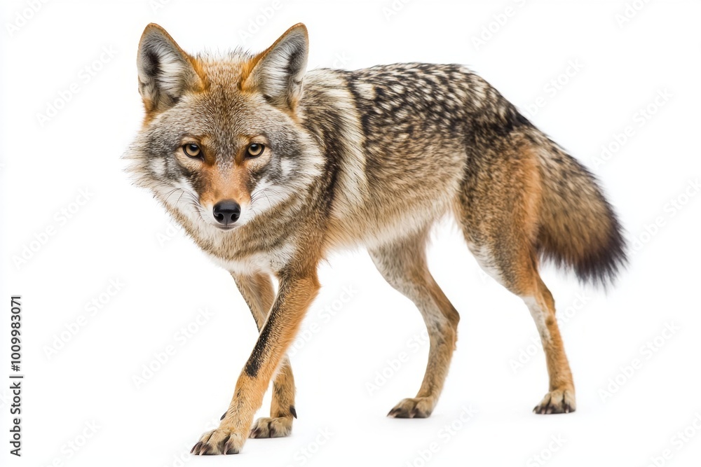 Fototapeta premium golden jackal moves purposefully, its sleek fur glimmering under soft light. The sharp features and alert posture highlight its agility and beauty in a stunning isolation.