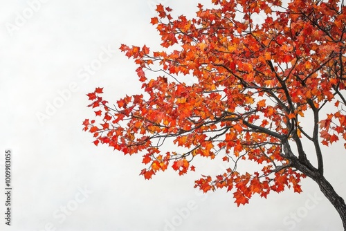 A large tree with red leaves stands alone on a hill, generative ai image