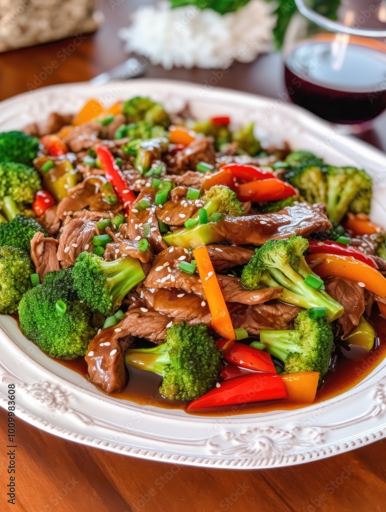 Stir-fried Beef with Broccoli, Bell Peppers, and Sesame Seeds Stir-fried Beef with Broccoli, Bell Peppers, and Sesame Seeds