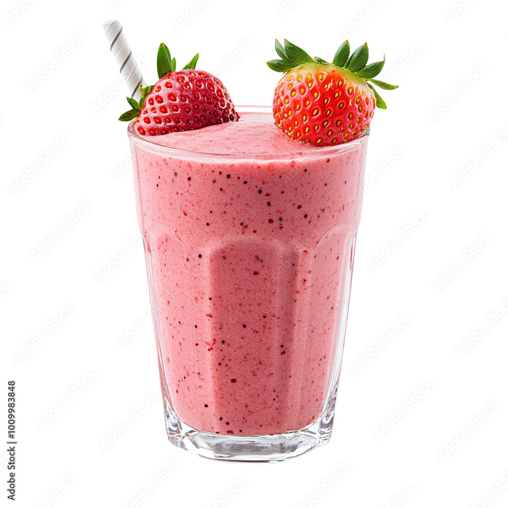 Strawberry smoothie in a glass with fresh strawberries on top. Strawberry smoothie in a glass with fresh strawberries on top.