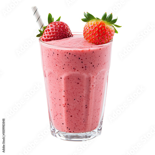 Strawberry smoothie in a glass with fresh strawberries on top.