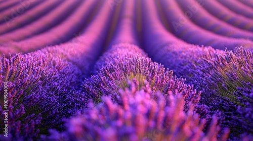   Lavender field with rows of flowers under the sun