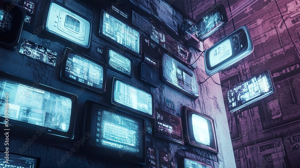 Cyberpunk Cityscape: Glowing Screens and Digital Data Cyberpunk Cityscape: Glowing Screens and Digital Data