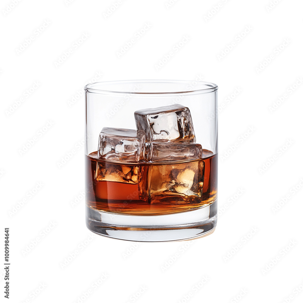 Whiskey on the rocks in a clear glass with ice cubes, white isolate background. Whiskey on the rocks in a clear glass with ice cubes, white isolate background.