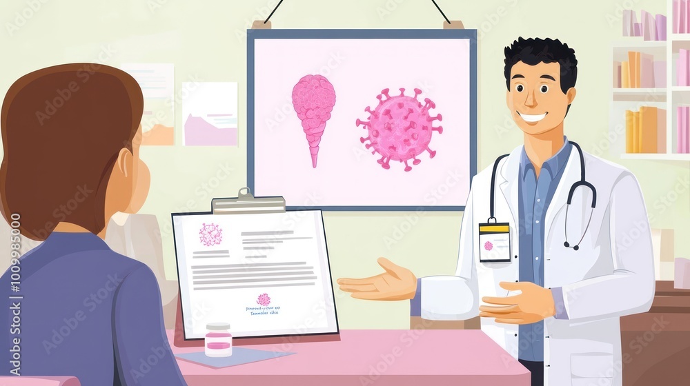 A doctor explaining a health report to a patient, with illustrations of a virus and a cell.