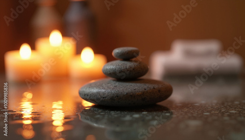 Heated stones in a spa with candlelight casting soft reflections