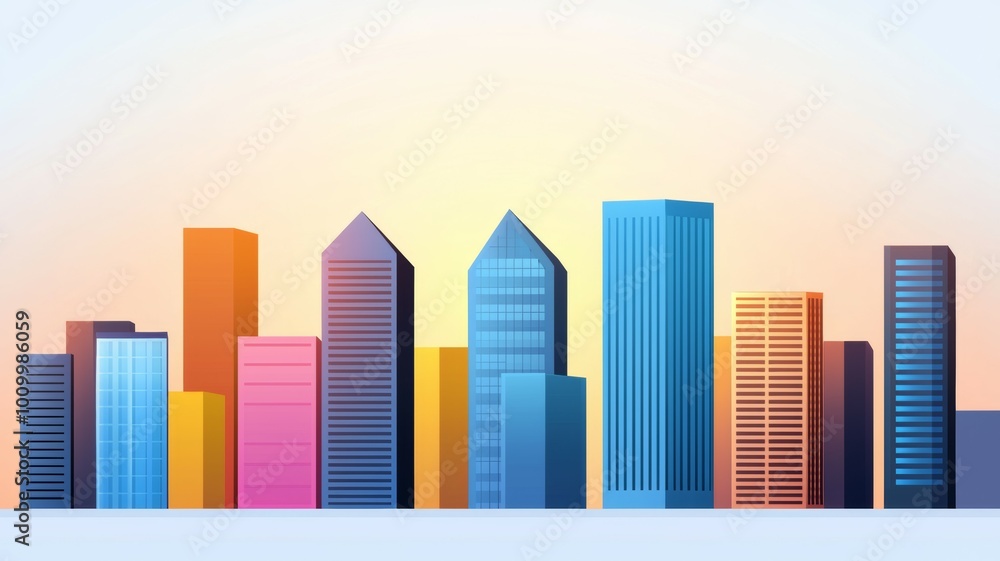 A city skyline with many tall buildings in different colors A city skyline with many tall buildings in different colors