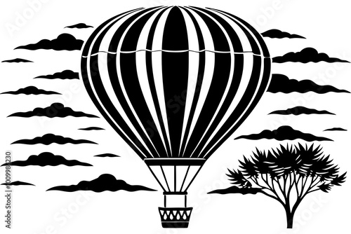 Air balloon, with its burner burning, travelling over the scenic Serengeti.