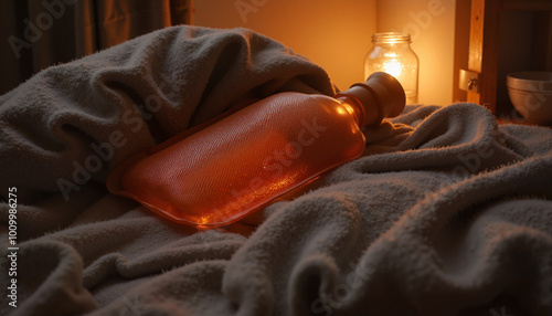 Hot water bottle nestling under a cozy blanket
