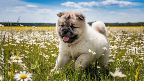 Playful Chow Chow puppy frolicking in a field of daisies, under a bright and clear sky. photo