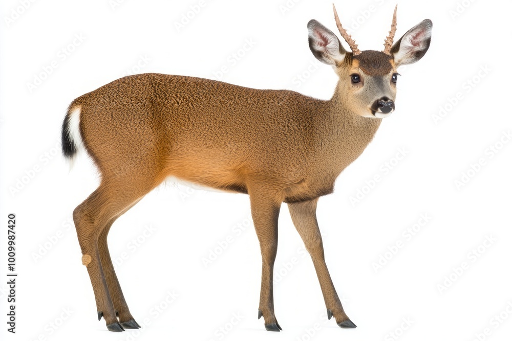 small muntjac deer stands poised and alert, featuring distinctive short antlers and a sleek body. Its striking presence captures the essence of these captivating animals. small muntjac deer stands poised and alert, featuring distinctive short antlers and a sleek body. Its striking presence captures the essence of these captivating animals.