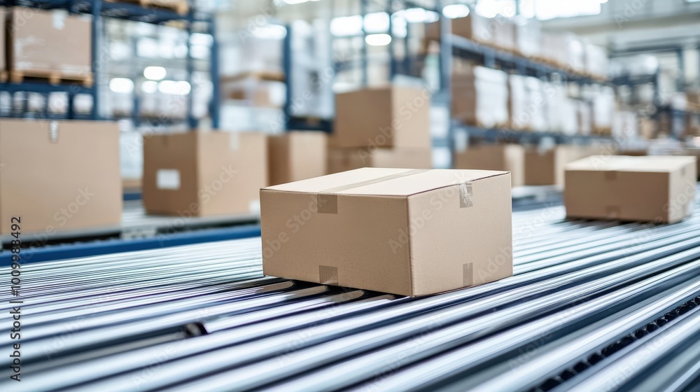A conveyor belt efficiently moves freshly packaged boxes through a spacious warehouse, highlighting the streamlined logistics process in action A conveyor belt efficiently moves freshly packaged boxes through a spacious warehouse, highlighting the streamlined logistics process in action