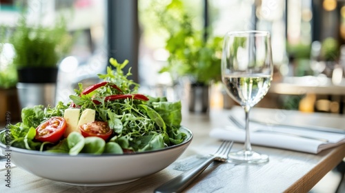 A fresh salad served in a bowl with a glass of water on a dining table.