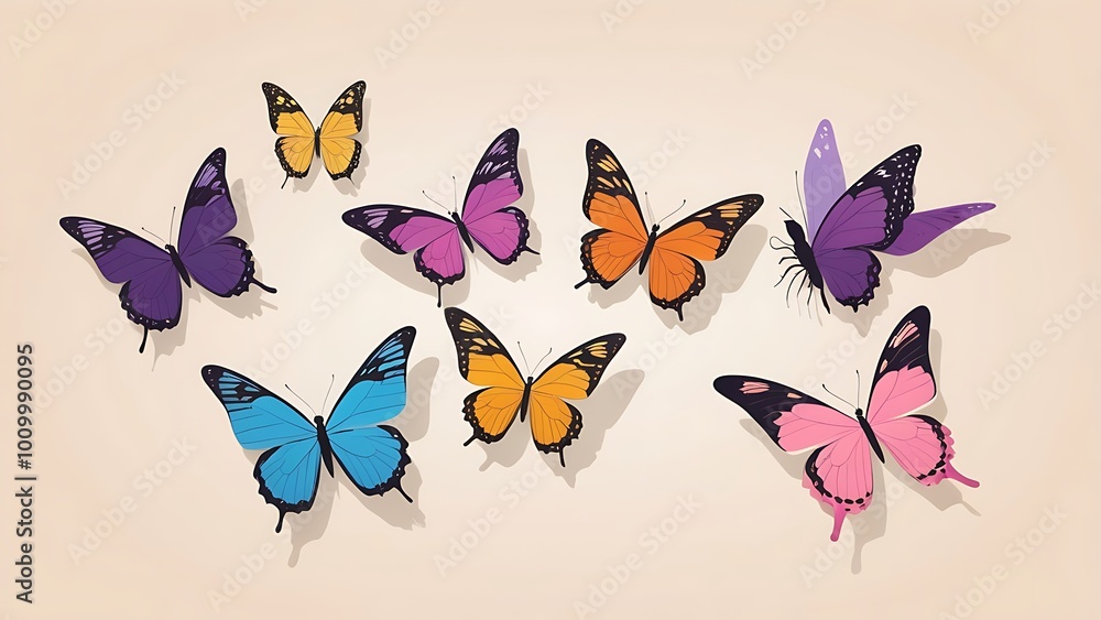 Fototapeta premium digital illustration featuring a collection of colorful butterflies arranged against a plain beige background