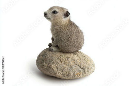 charming rock hyrax sits gracefully atop a sturdy rock, its round body and short legs displayed beautifully against a pristine white background, radiating curiosity and nature's simplicity.