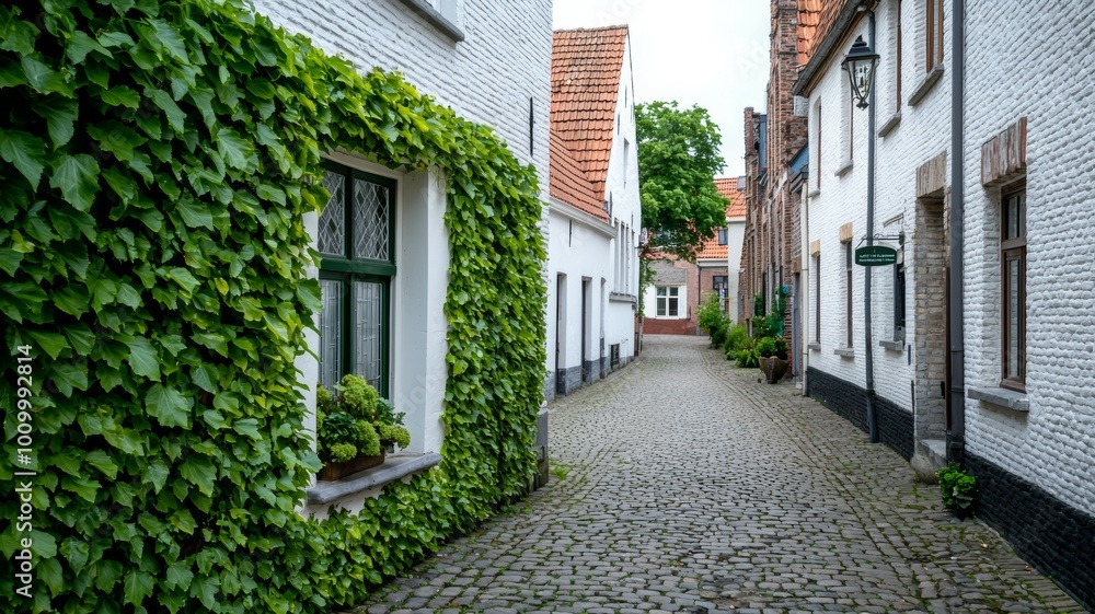 A narrow cobblestone street lined with ivy and houses A narrow cobblestone street lined with ivy and houses