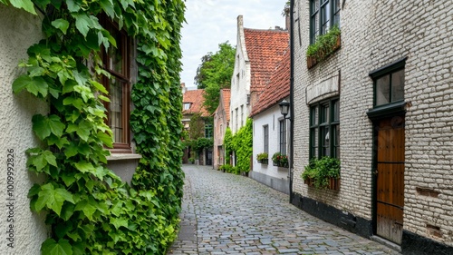 A narrow street lined with ivy and houses