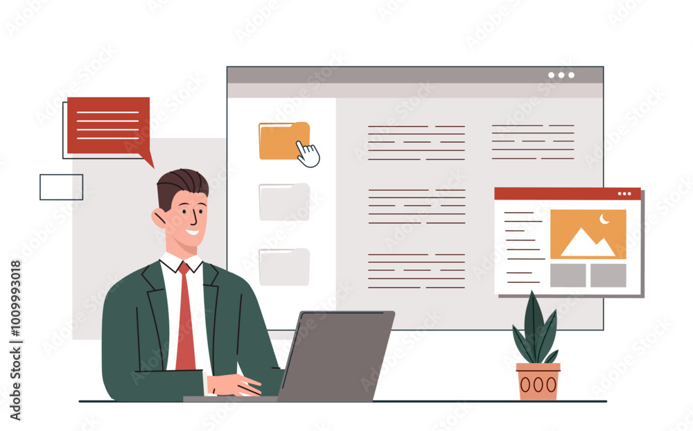 Businessman with content strategy. Man in suit with laptop writes articles for website. Writer and SEO specialist. Remote employee and freelancer. Flat vector illustration isolated on white background Businessman with content strategy. Man in suit with laptop writes articles for website. Writer and SEO specialist. Remote employee and freelancer. Flat vector illustration isolated on white background