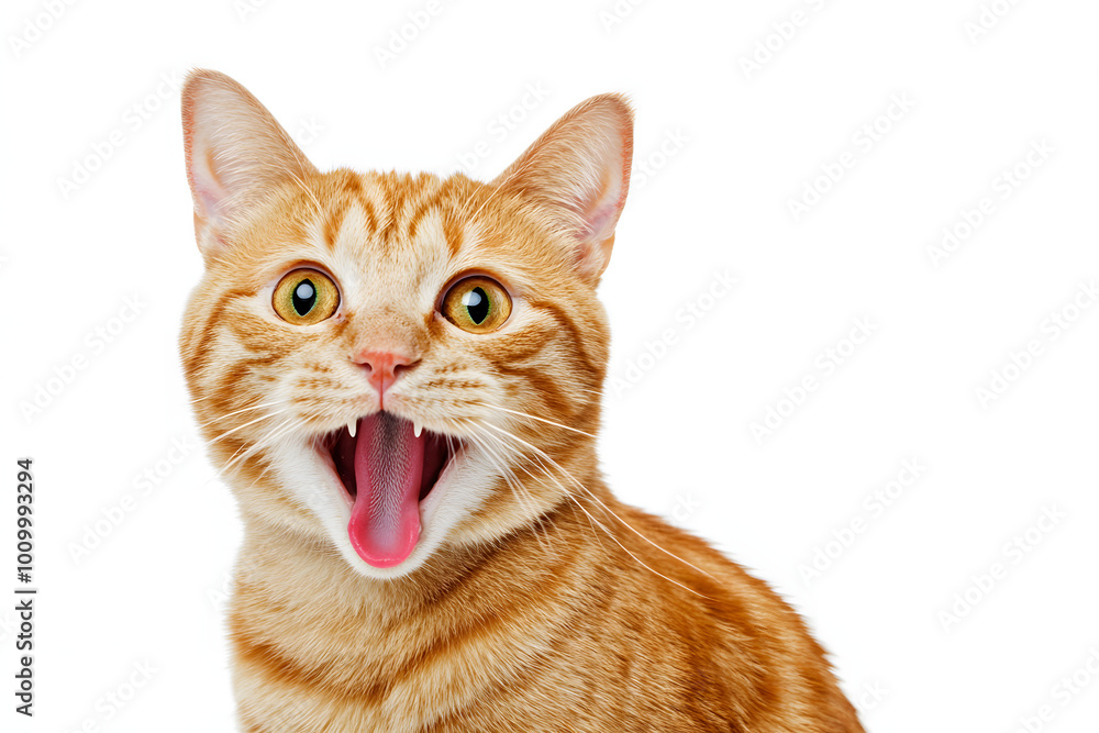 Close-up portrait of a funny ginger cat meowing with an open mouth, isolated on a white background Close-up portrait of a funny ginger cat meowing with an open mouth, isolated on a white background