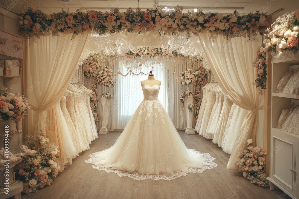 Elegant wedding dress in bridal shop. Perfect for articles about weddings, bridal shops, or fashion. Elegant wedding dress in bridal shop. Perfect for articles about weddings, bridal shops, or fashion.