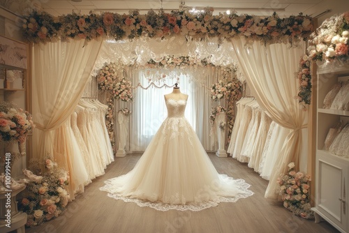 Elegant wedding dress in bridal shop. Perfect for articles about weddings, bridal shops, or fashion. photo