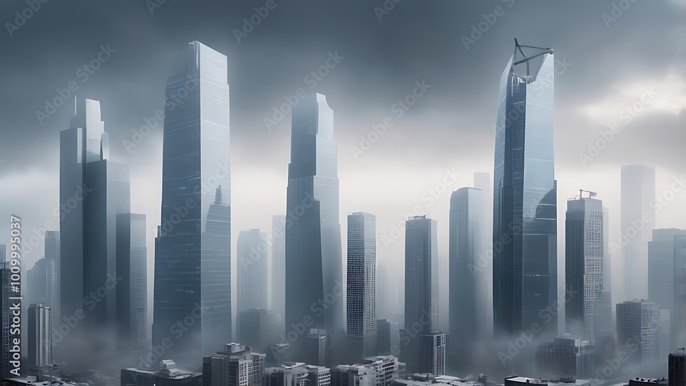 Obraz premium illustration digital artwork depicting a futuristic modern cityscape under a moody, overcast sky with tall buildings and skyscrapers in a dark foggy theme 
