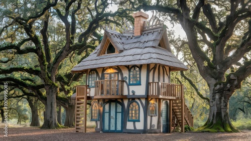 Whimsical treehouse-inspired building nestled amongst ancient oaks.