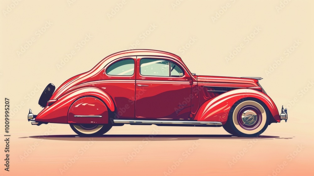Obraz premium Iconic Red Vintage Classic Car with Retro Chrome Details on City Street