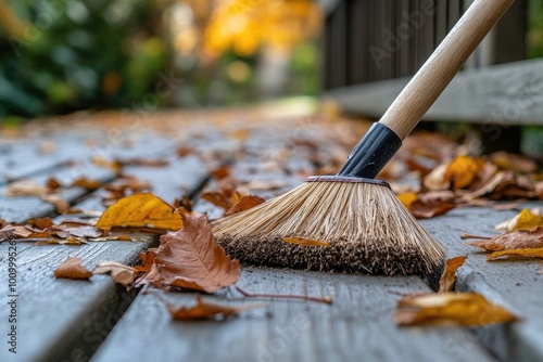 Wallpaper Mural A broom rests on a wooden deck with leaves. This image is ideal for fall cleaning, home improvement, and outdoor maintenance projects. Torontodigital.ca