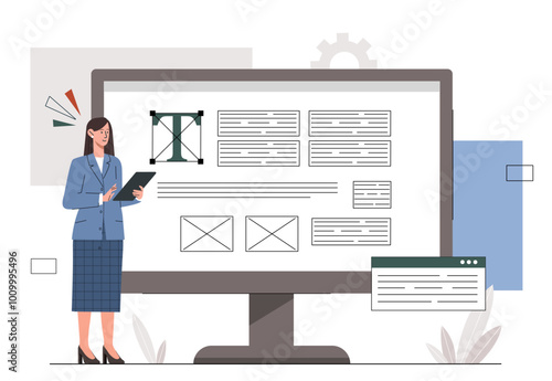 Copywriter with article. Woman in suit with computer writes articles for website. Copywriter and SEO specialist. Remote employee and freelancer with online earnings. Flat vector illustration