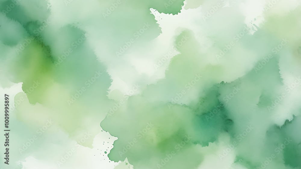 Obraz premium Abstract watercolor painting featuring a dynamic composition of green hues splashes on a soft white background