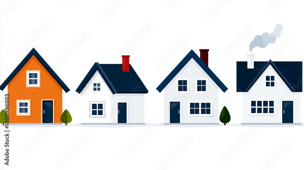 Four houses are lined up next to each other, with one being orange Four houses are lined up next to each other, with one being orange
