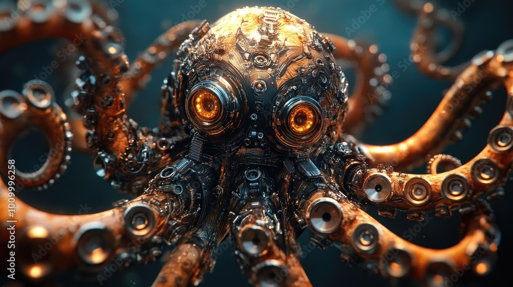 A Mechanical Octopus with Glowing Eyes A Mechanical Octopus with Glowing Eyes