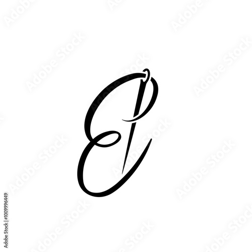 script letter initial e with sewing needle logo