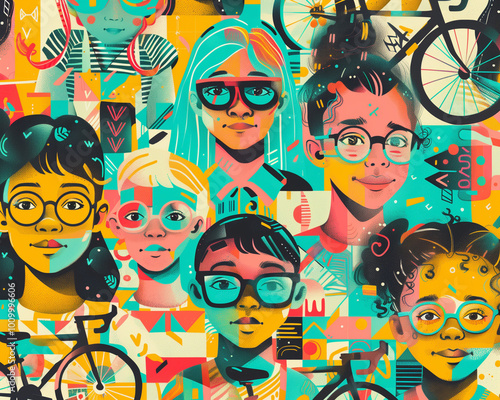 Vibrant Urban Bicycle Art, Colorful City Life Illustration