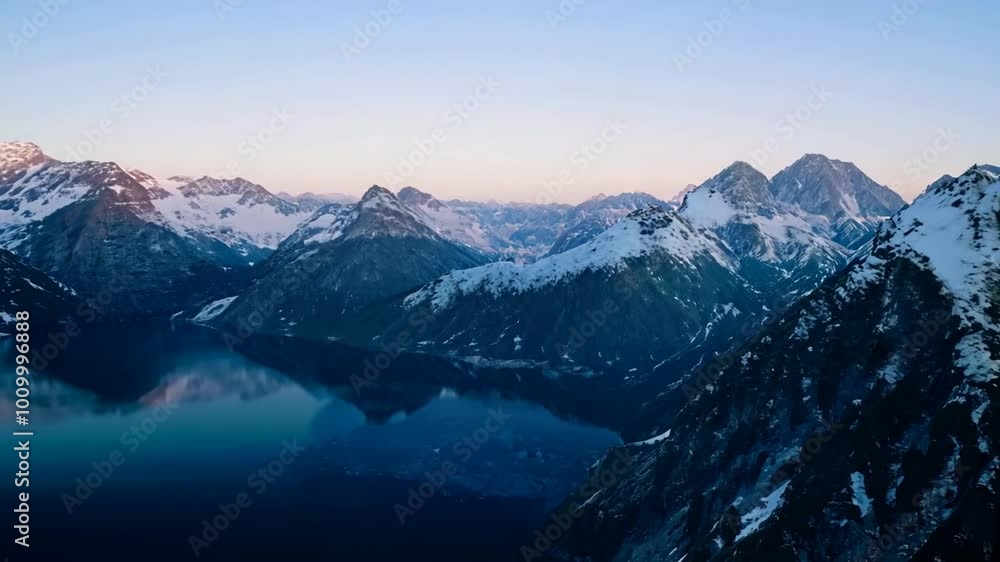 4K Drone Shot of Pristine Mountain Lake with Snow-Capped Peaks – Scenic Morning Light 4K Drone Shot of Pristine Mountain Lake with Snow-Capped Peaks – Scenic Morning Light