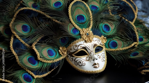 Venetian carnival mask embellished with gold leaf and peacock feathers.