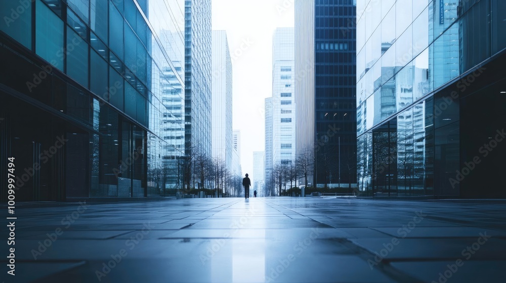 Fototapeta premium A Single Figure Walking Through a Modern Cityscape