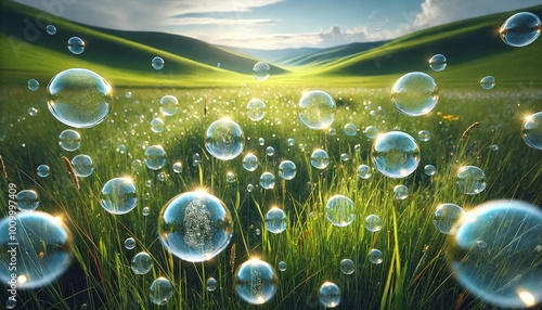 bubbles, meadow, grass, nature, landscape, rolling hills, blue sky, serene, sparkling, whimsical, outdoors, sunlight, tranquil photo