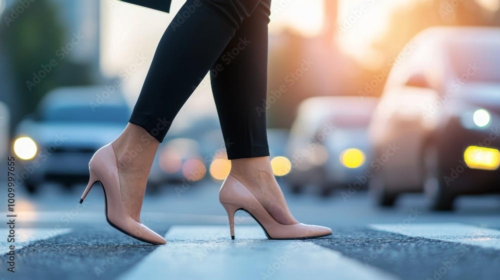 A woman wearing a pair of high heels is walking across a crosswalk A woman wearing a pair of high heels is walking across a crosswalk