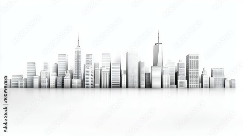 A city skyline is shown in white and black A city skyline is shown in white and black
