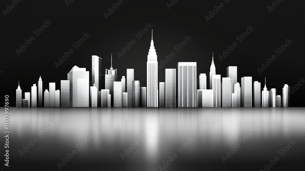 A city skyline is shown in black and white A city skyline is shown in black and white