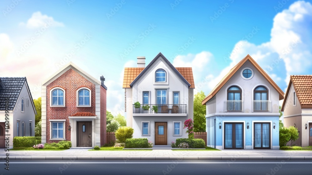 Three houses are lined up on a street Three houses are lined up on a street