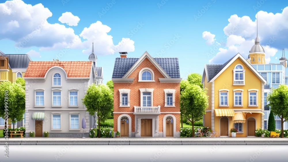 Three houses are lined up on a street Three houses are lined up on a street