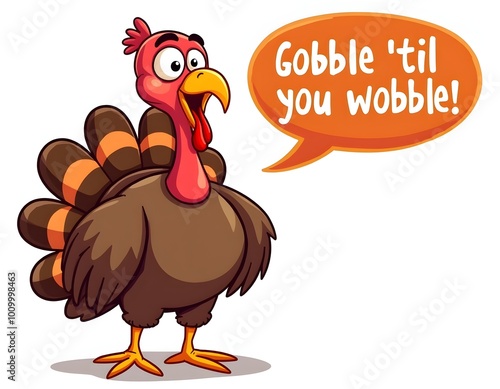 Funny Cartoon Turkey with Speech Bubble Saying 'Gobble 'til You Wobble' for Greeting Cards