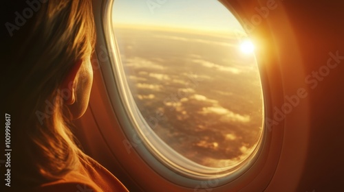 A passenger looking out the airplane window during a flight, gazing at the landscape far below, capturing the wonder and excitement of traveling by air. photo