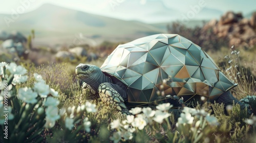 Low Polygon Geometric Tortoise Wandering in Desert Landscape photo